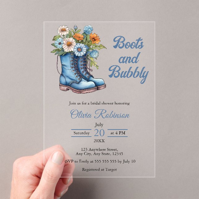 Western Cowgirl Blue Boots & Bubbly Bridal Shower  Acrylic Invitations (Insitu (Handheld))