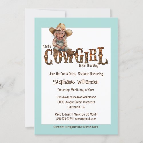 Western cowgirl blue brown rustic girl invitation