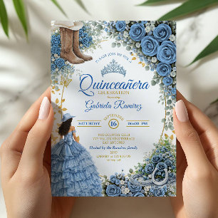 Western Cowgirl Blue Roses Golden Quinceañera Invitation
