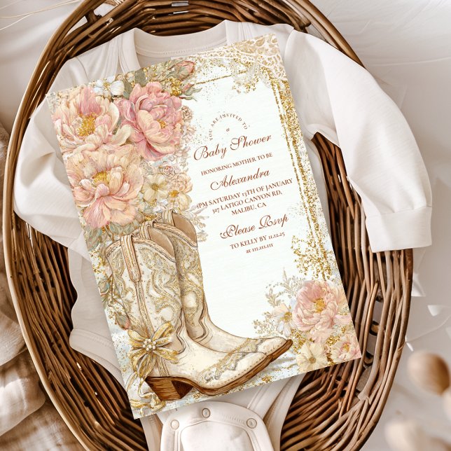 Western Cowgirl Boots Floral Baby Shower Foil Invitation (Creator Uploaded)