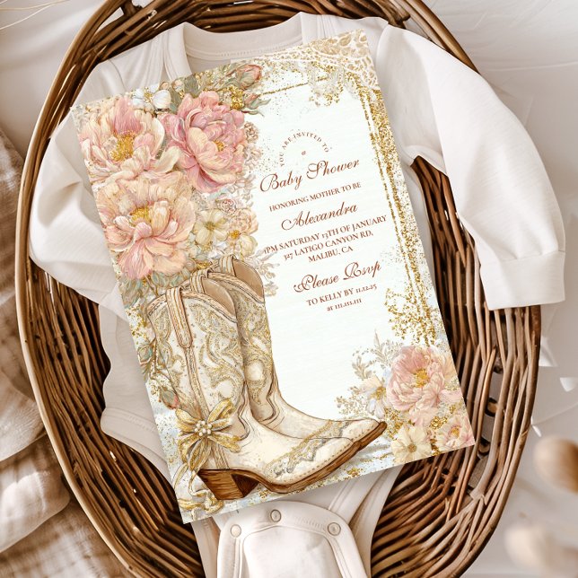 Western Cowgirl Boots Floral Baby Shower Invitation (Creator Uploaded)
