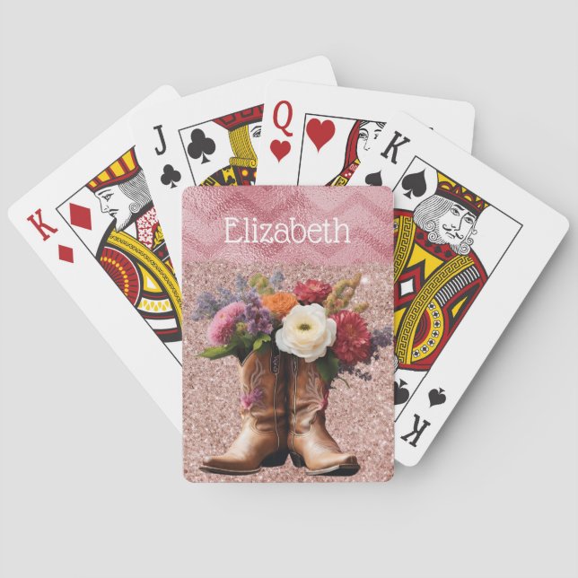 Western Cowgirl Boots Floral Pink Sparkle Name Poker Cards (Back)