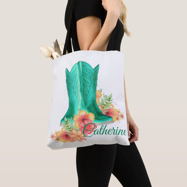 Western Cowgirl Boots / Flowers Tote Bag With NAME (Close Up)