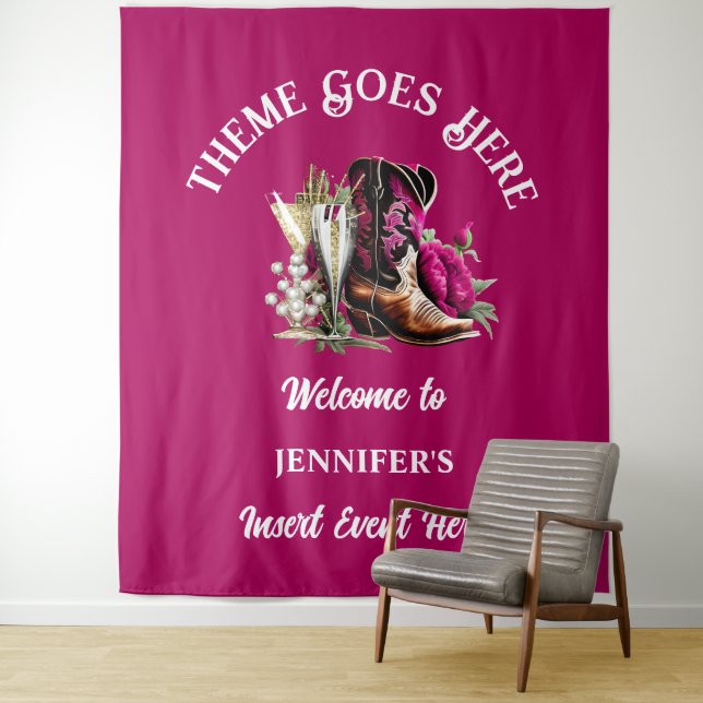 Western cowgirl boots magenta peony bubbly chic  tapestry (In Situ)