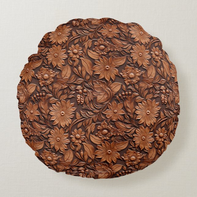 Western Cowgirl Brown Floral Round Pillow (Front)