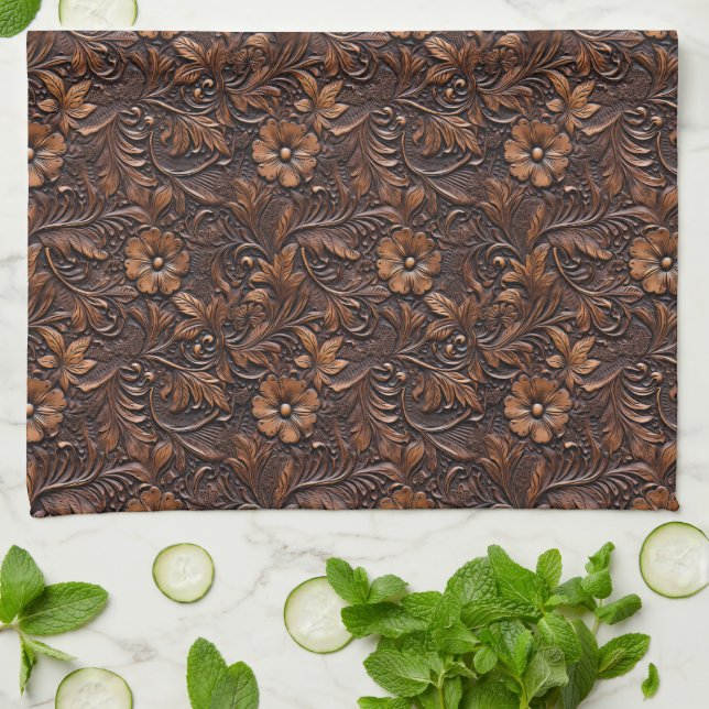 Western Cowgirl Brown Flowers Kitchen Towel (Folded)