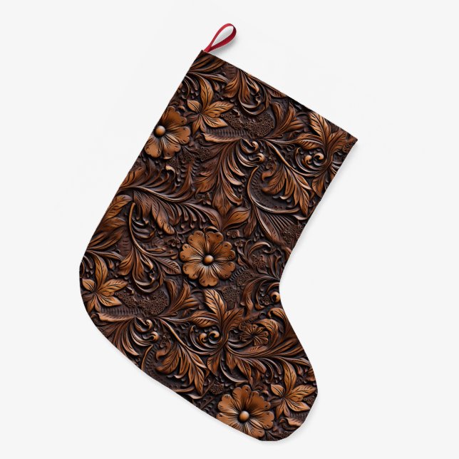 Western Cowgirl Brown Flowers Large Christmas Stocking (Front (Hanging))