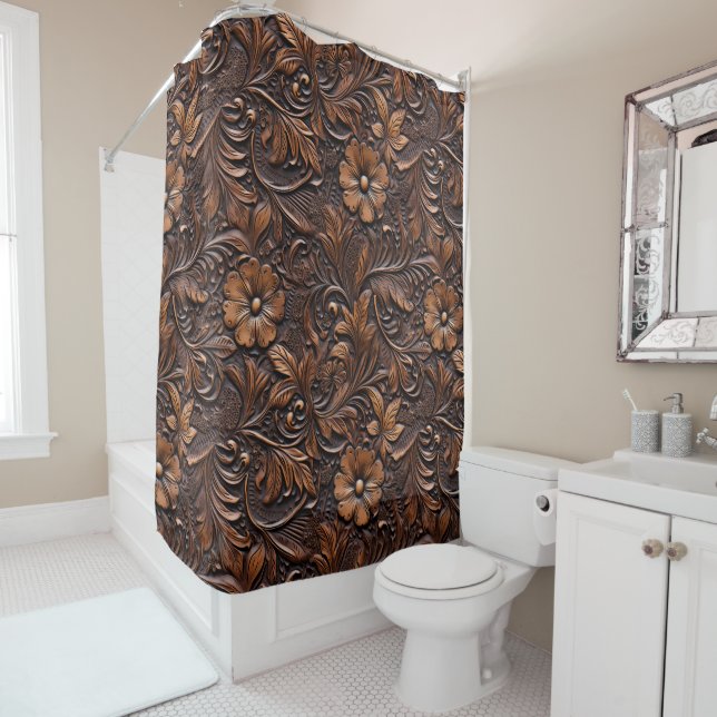 Western Cowgirl Brown Flowers Shower Curtain (In Situ)