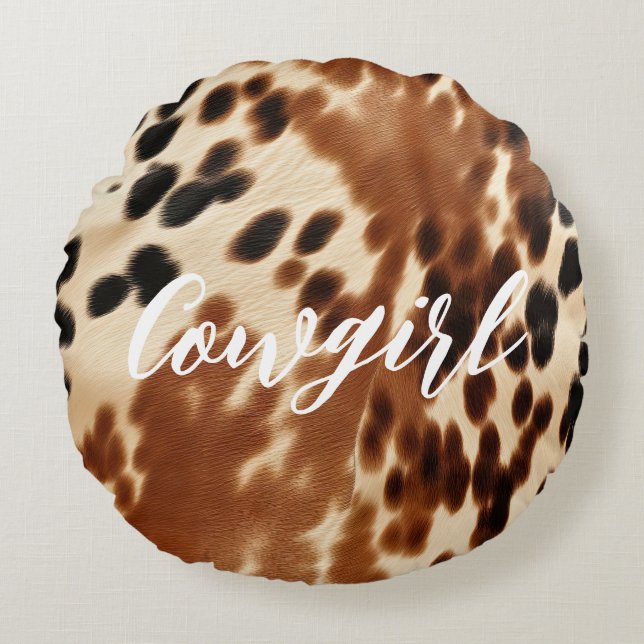 Western Cowgirl Brown White Cowhide  Round Pillow (Front)