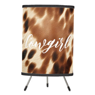 Western Cowgirl Brown White Cowhide Tripod Lamp