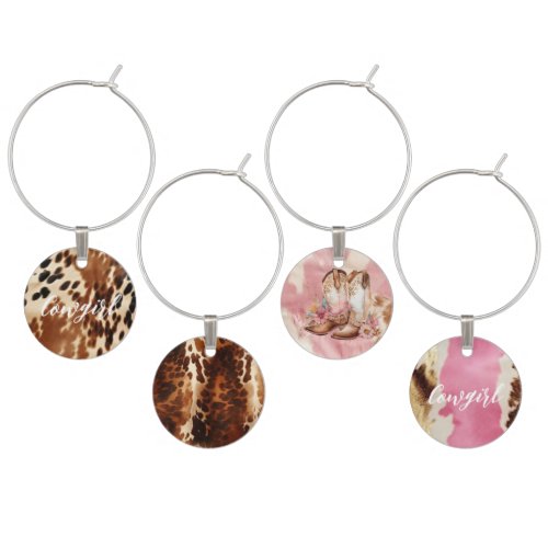 Western Cowgirl Brown White Cowhide  Wine Charm