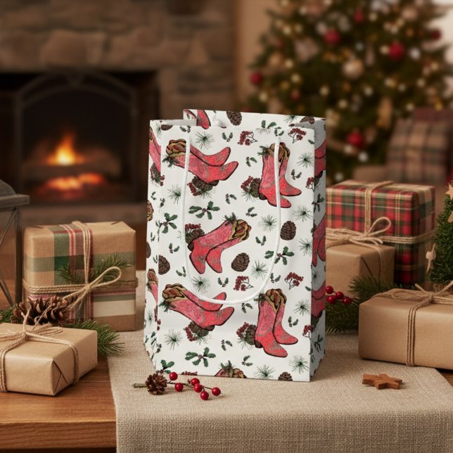 Western Cowgirl Christmas Pink and Green Small Gift Bag (Western Country Christmas Cowgirl Boots Gift Bag. Cute Red & Pink Boots, Pinecone,  Berries for Her)
