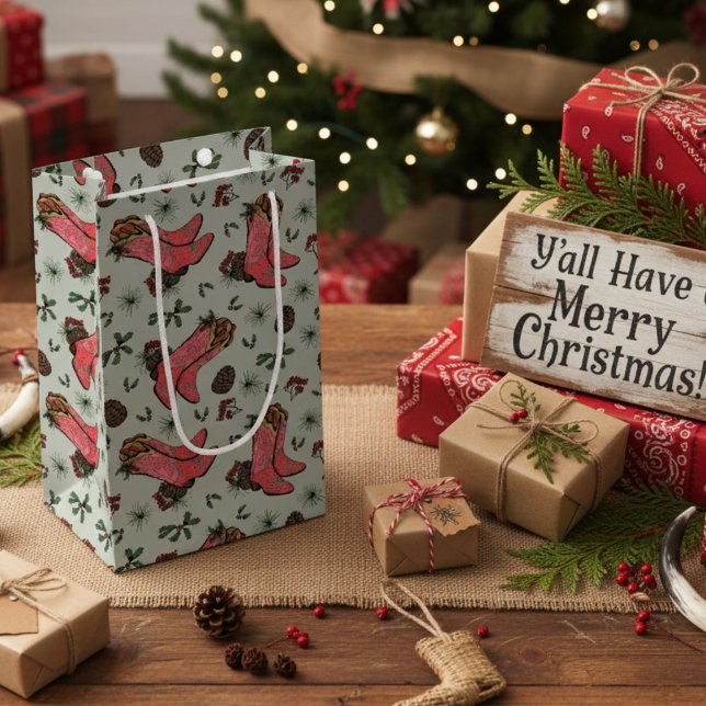 Western Cowgirl Christmas Pink and Green Small Gift Bag (Sage Green Western Christmas Pink & Red Cowgirl Boots, Pinecones & Berries. Cute Rustic Boot Pattern)