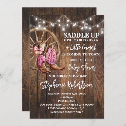 Western Cowgirl Coming to Town Pink Baby Shower Invitation