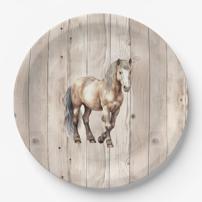 Western Cowgirl Cowboy Horse Faux Wood Paper Plates (Front)