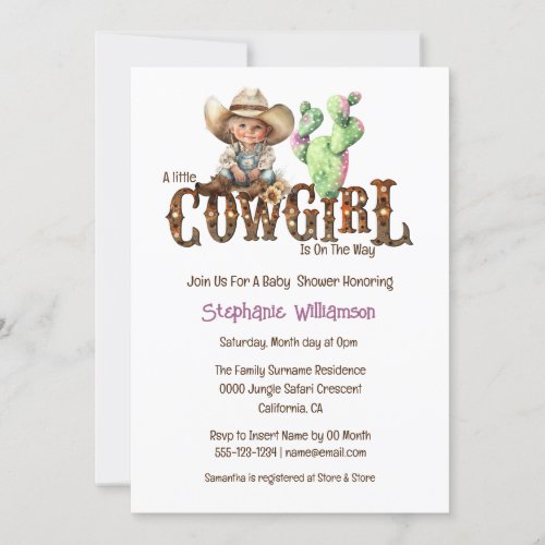Western cowgirl desert cactus girls baby shower invitation
