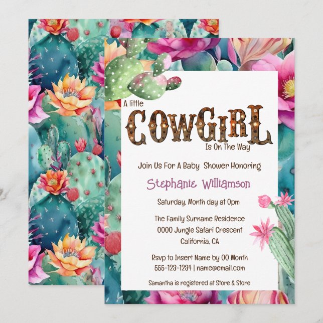 Western cowgirl desert cactus girls colorful chic invitation (Front/Back)