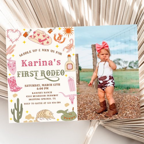 Western Cowgirl First Rodeo 1st Birthday Photo Invitation