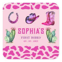 Western Cowgirl First Rodeo Pink Girls Birthday Square Sticker