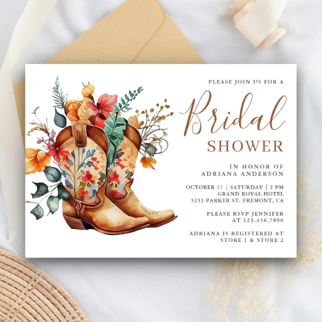 Western Cowgirl Floral Boots Bridal Shower Invitation | Zazzle