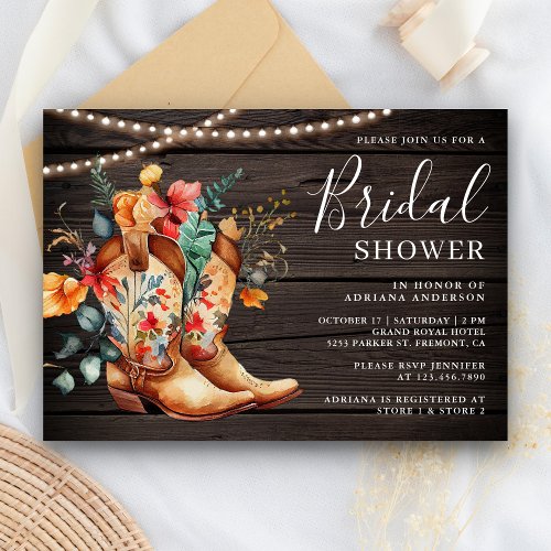 Western Cowgirl Floral Boots Wood Bridal Shower Invitation