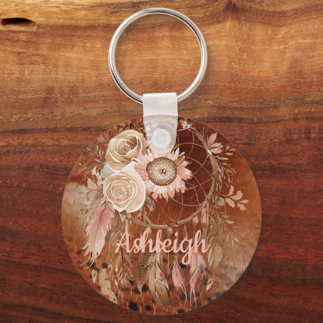 Western Cowgirl Floral Dream Catcher  Birthday Keychain (Front)