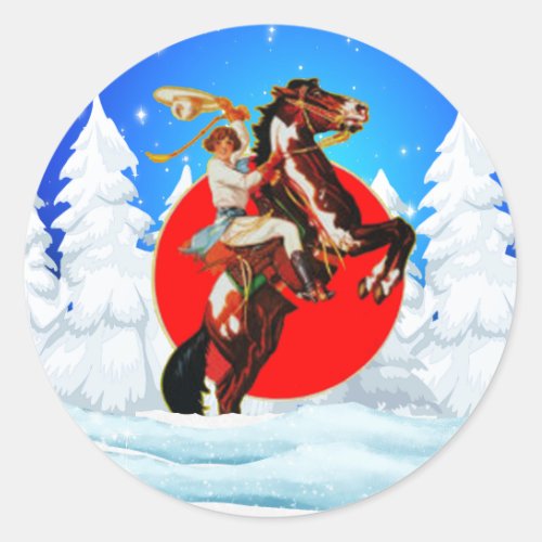 Western Cowgirl Horse Winter Scene Classic Round Sticker