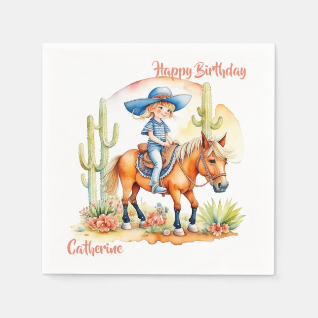 Western Cowgirl on Horse Personalized Birthday Napkins (Front)