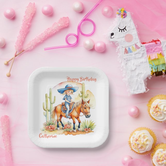 Western Cowgirl on Horse Personalized Birthday Paper Plates (Party)