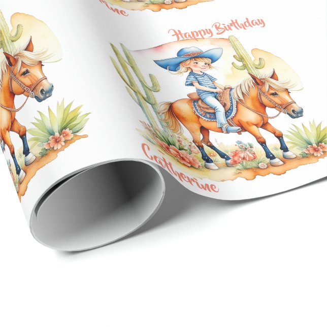 Western Cowgirl on Horse Personalized Birthday Wrapping Paper (Roll Corner)