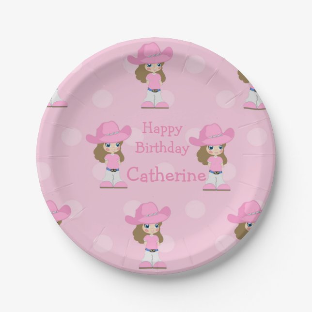Western Cowgirl Party Pink Paper Plates (Front)