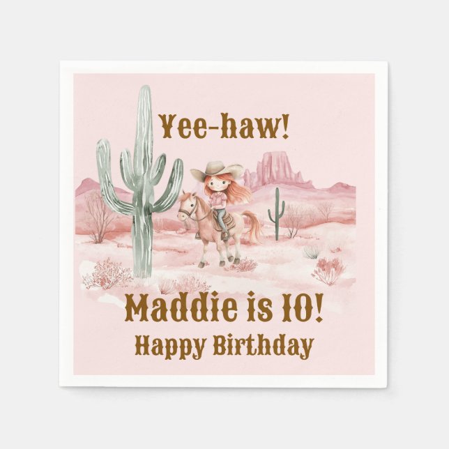 Western Cowgirl Pink Birthday Napkins (Front)