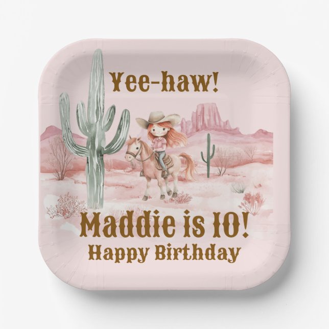 Western Cowgirl Pink Birthday Paper Plates (Front)