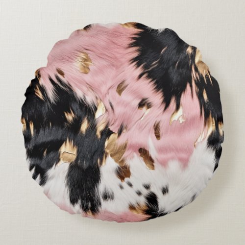 Western Cowgirl Pink Black White Gold Abstract Round Pillow