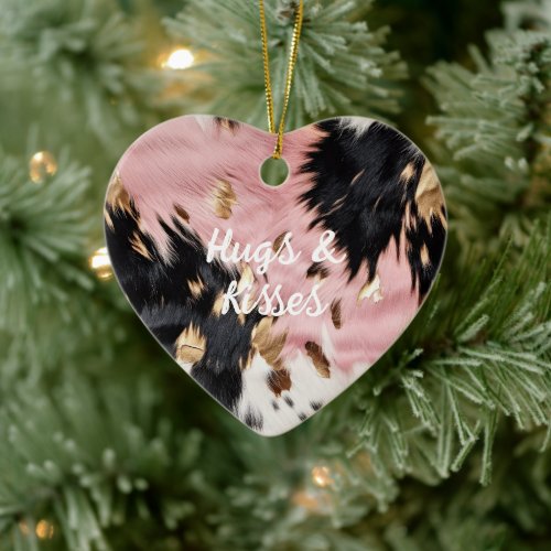 Western Cowgirl Pink Black White Gold Cowhide Ceramic Ornament