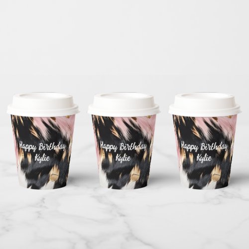 Western Cowgirl Pink Black White Gold Cowhide Paper Cups