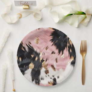 Western Cowgirl Pink Black White Gold Cowhide Paper Plates