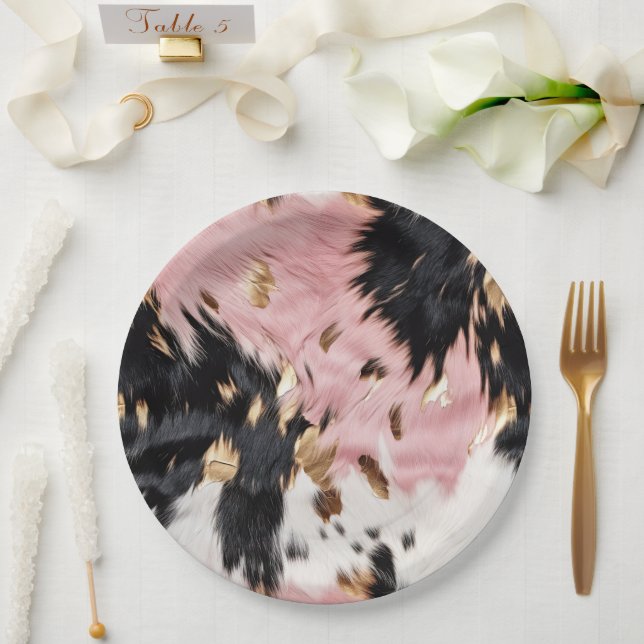 Western Cowgirl Pink Black White Gold Cowhide Paper Plates (Wedding)