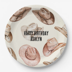Western Cowgirl Pink Brown Hats Birthday Paper Plates