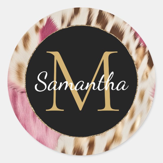 Western Cowgirl Pink Gold White Cowhide Classic Round Sticker (Front)
