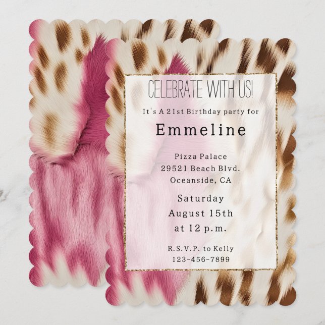 Western Cowgirl Pink Gold White Cowhide Invitation (Front/Back)