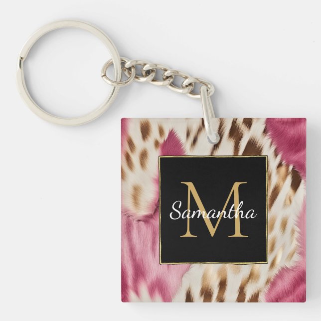 Western Cowgirl Pink Gold White Cowhide Keychain (Front)