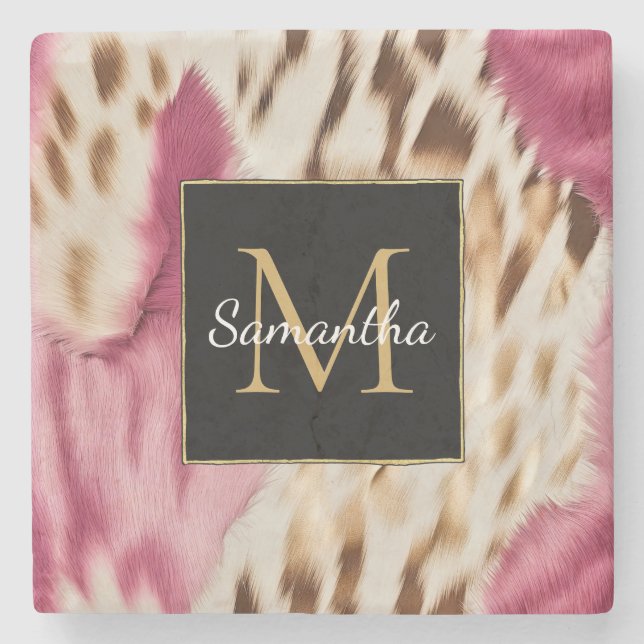 Western Cowgirl Pink Gold White Cowhide Stone Coaster (Front)