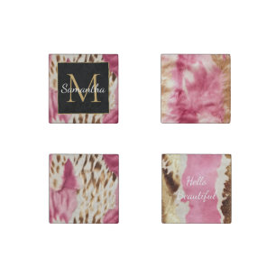 Western Cowgirl Pink Gold White Cowhide Stone Magnet