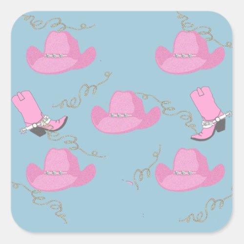 Western Cowgirl Pink Hat and Boots Square Sticker