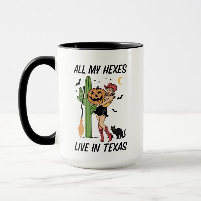 Western Cowgirl Pinup Hexes black cat broom cactus Mug (Left)