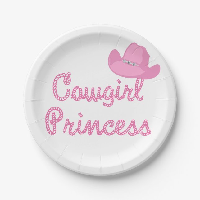 Western Cowgirl Princess Party Pink Hat Paper Plates (Front)