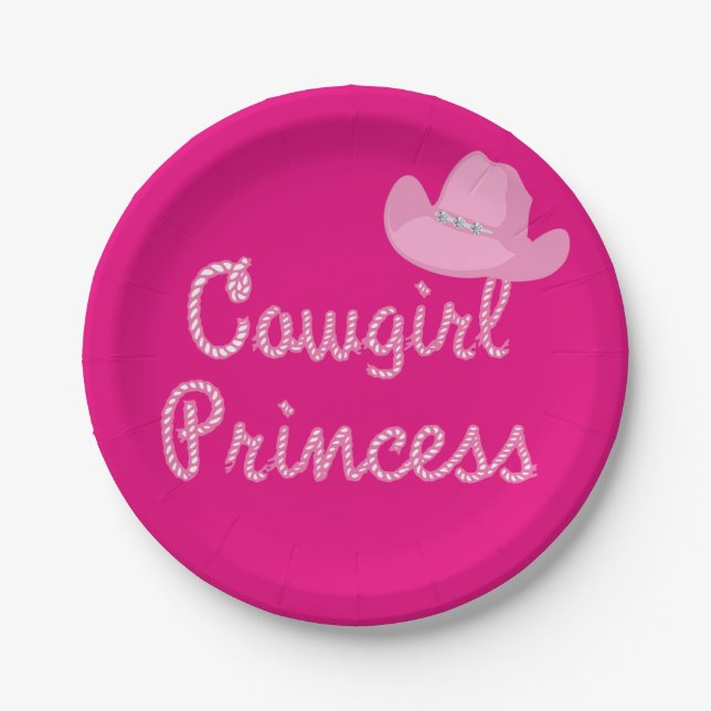 Western Cowgirl Princess Party Pink Hat Paper Plates (Front)