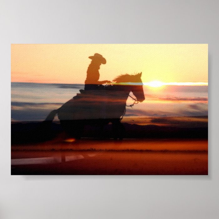 Western Cowgirl riding off into the sunset Poster
