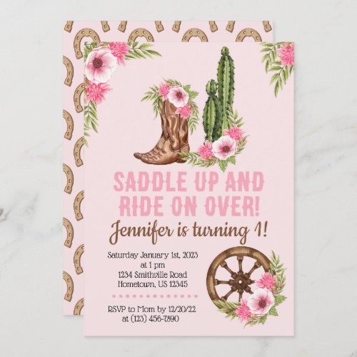 Western Cowgirl Rodeo Cactus Watercolor Birthday Invitation